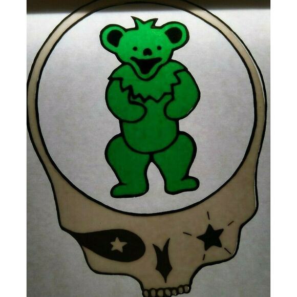 Grateful Dead Car Window Decal 1980s Green Dancing Bear Inside White Skull Head - Picture 1 of 5